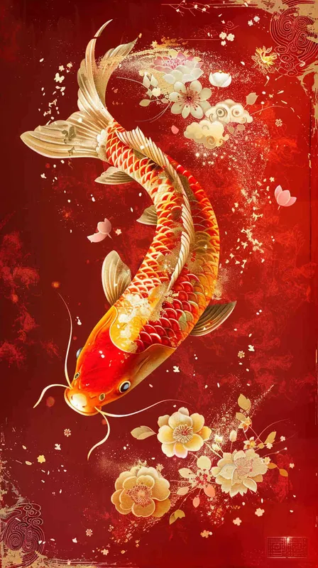 An illustration of an elegant koi fish, its scales shimmering in the light, set against a vibrant red background with auspicious cloud patterns. A Chinese New Year poster design featuring a detailed depiction of golden carp leaping out from water and traditional elements such as clouds, flowers, and dragon motifs, symbolizing good fortune during the beginning or end time, in the style of traditional Chinese artists.  - style4部分