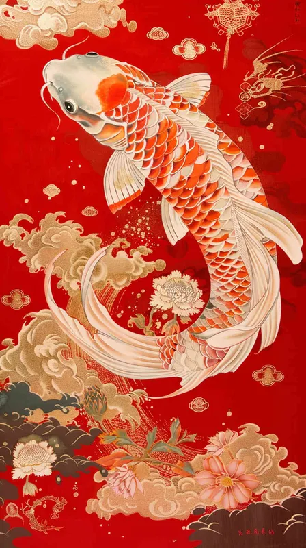  An illustration of an elegant koi fish, its scales shimmering in the light, set against a vibrant red background with auspicious cloud patterns. A Chinese New Year poster design featuring a detailed depiction of golden carp leaping out from water and traditional elements such as clouds, flowers, and dragon motifs, symbolizing good fortune during the beginning or end time, in the style of traditional Chinese artists.  - style1部分