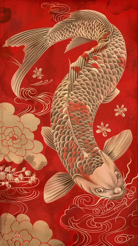  An illustration of an elegant koi fish, its scales shimmering in the light, set against a vibrant red background with auspicious cloud patterns. A Chinese New Year poster design featuring a detailed depiction of golden carp leaping out from water and traditional elements such as clouds, flowers, and dragon motifs, symbolizing good fortune during the beginning or end time, in the style of traditional Chinese artists.  - style2部分