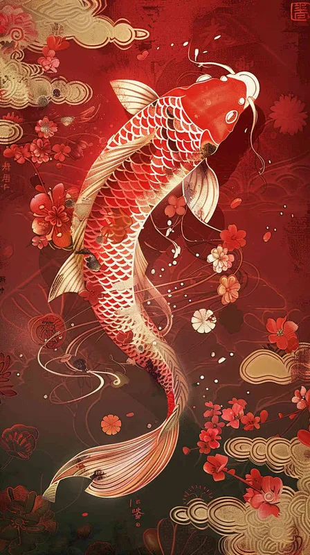  An illustration of an elegant koi fish, its scales shimmering in the light, set against a vibrant red background with auspicious cloud patterns. A Chinese New Year poster design featuring a detailed depiction of golden carp leaping out from water and traditional elements such as clouds, flowers, and dragon motifs, symbolizing good fortune during the beginning or end time, in the style of traditional Chinese artists.  - style3部分