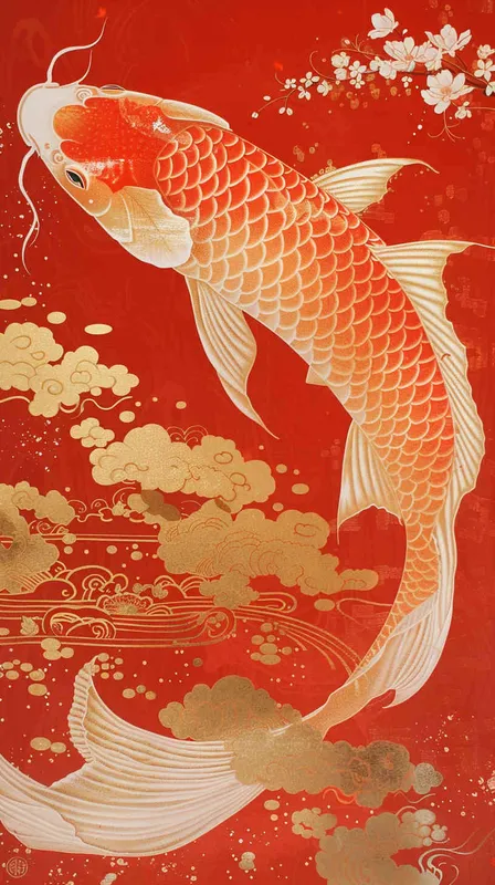  An illustration of an elegant koi fish, its scales shimmering in the light, set against a vibrant red background with auspicious cloud patterns. A Chinese New Year poster design featuring a detailed depiction of golden carp leaping out from water and traditional elements such as clouds, flowers, and dragon motifs, symbolizing good fortune during the beginning or end time, in the style of traditional Chinese artists.  - style4部分