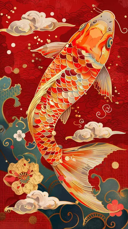  An illustration of an elegant koi fish, its scales shimmering in the light, set against a vibrant red background with auspicious cloud patterns. A Chinese New Year poster design featuring a detailed depiction of golden carp leaping out from water and traditional elements such as clouds, flowers, and dragon motifs, symbolizing good fortune during the beginning or end time, in the style of traditional Chinese artists.  - style1部分