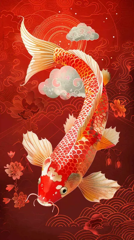  An illustration of an elegant koi fish, its scales shimmering in the light, set against a vibrant red background with auspicious cloud patterns. A Chinese New Year poster design featuring a detailed depiction of golden carp leaping out from water and traditional elements such as clouds, flowers, and dragon motifs, symbolizing good fortune during the beginning or end time, in the style of traditional Chinese artists.  - style2部分