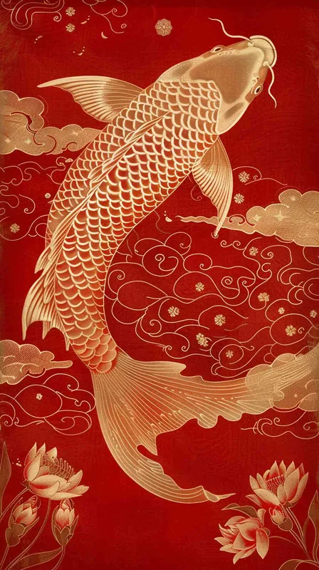  An illustration of an elegant koi fish, its scales shimmering in the light, set against a vibrant red background with auspicious cloud patterns. A Chinese New Year poster design featuring a detailed depiction of golden carp leaping out from water and traditional elements such as clouds, flowers, and dragon motifs, symbolizing good fortune during the beginning or end time, in the style of traditional Chinese artists.  - style4部分