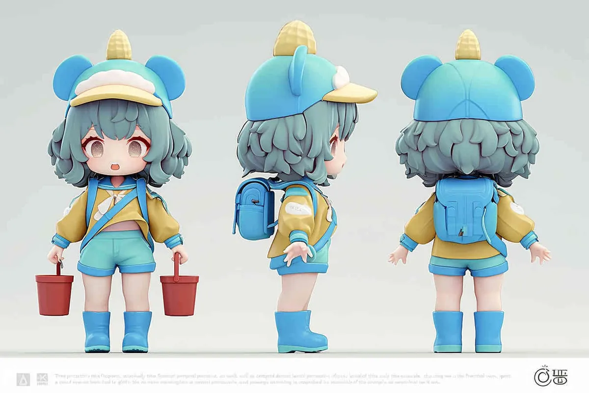 Three views , namely the front view ,  side view and ,back view，and full body,  an IP image of a scenic spot girl chasing the sea, front view ，wearing a conch shaped hat，wearing a yellow swimsuit set, blue rain boots, and a red bucket in hand，Q-version art style, three view view view, front, side, white background, natural light, blind box style chibi, handmade, bubble matte, IP design, Q-version, best quality, 3D model, c4d, OC rendering, etc.,  - style1部分