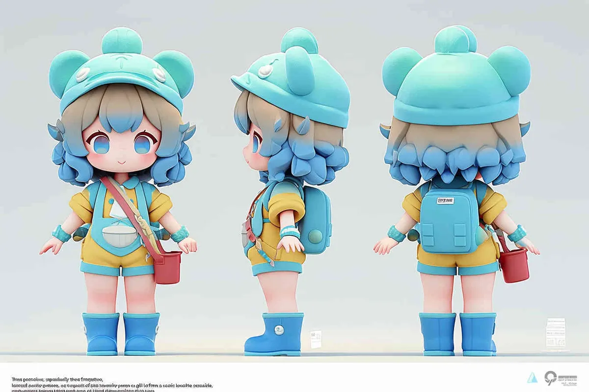 Three views , namely the front view ,  side view and ,back view，and full body,  an IP image of a scenic spot girl chasing the sea, front view ，wearing a conch shaped hat，wearing a yellow swimsuit set, blue rain boots, and a red bucket in hand，Q-version art style, three view view view, front, side, white background, natural light, blind box style chibi, handmade, bubble matte, IP design, Q-version, best quality, 3D model, c4d, OC rendering, etc.,  - style2部分