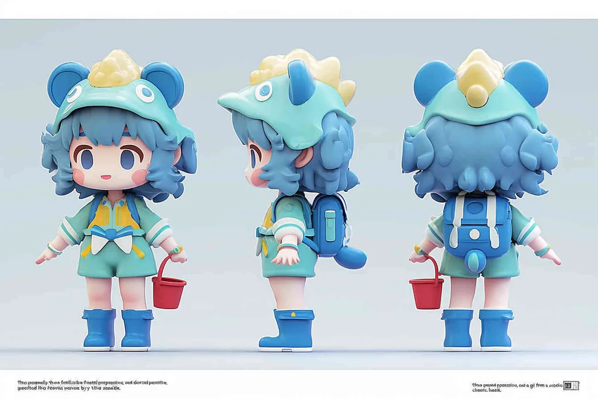 Three views , namely the front view ,  side view and ,back view，and full body,  an IP image of a scenic spot girl chasing the sea, front view ，wearing a conch shaped hat，wearing a yellow swimsuit set, blue rain boots, and a red bucket in hand，Q-version art style, three view view view, front, side, white background, natural light, blind box style chibi, handmade, bubble matte, IP design, Q-version, best quality, 3D model, c4d, OC rendering, etc.,  - style3部分