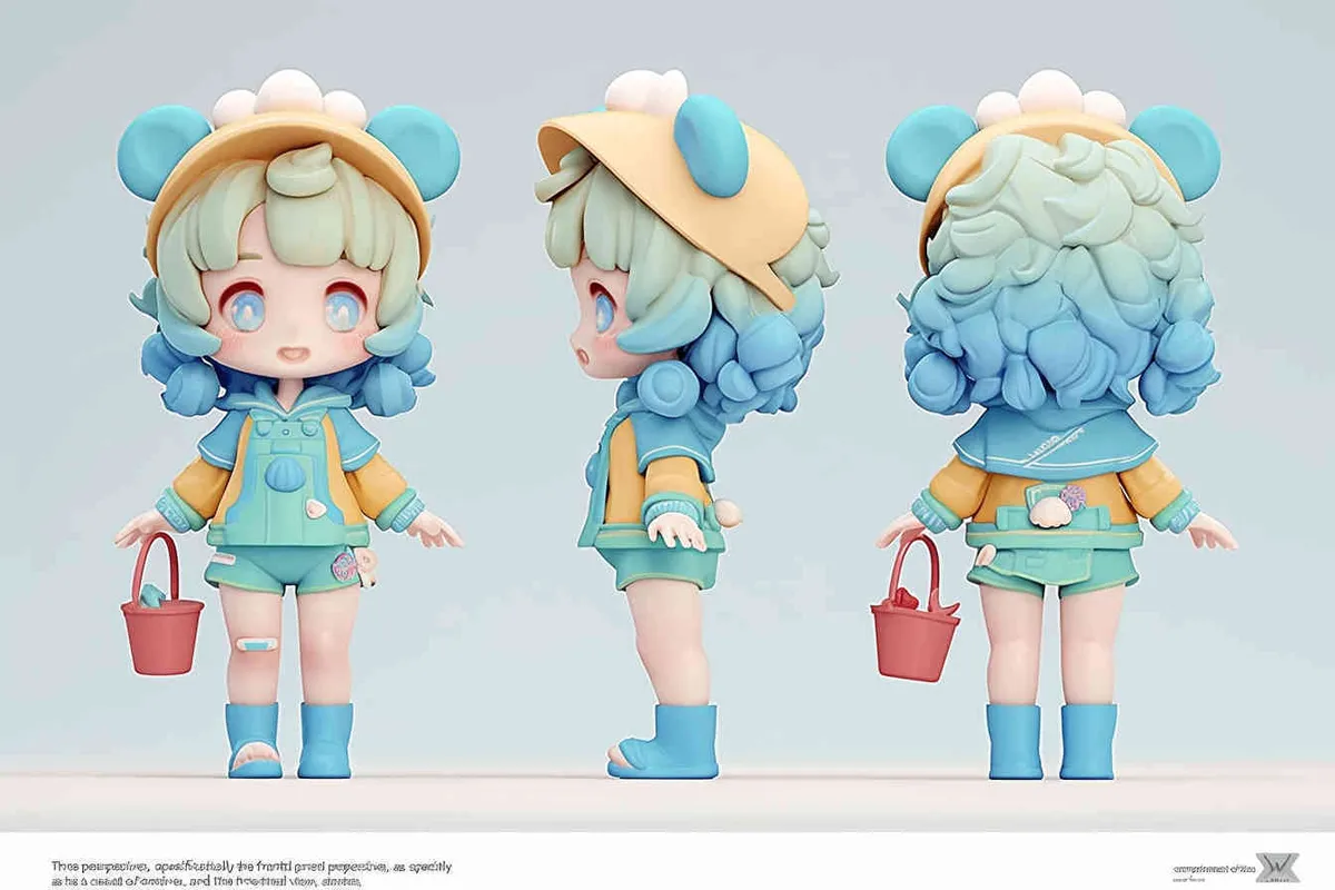 Three views , namely the front view ,  side view and ,back view，and full body,  an IP image of a scenic spot girl chasing the sea, front view ，wearing a conch shaped hat，wearing a yellow swimsuit set, blue rain boots, and a red bucket in hand，Q-version art style, three view view view, front, side, white background, natural light, blind box style chibi, handmade, bubble matte, IP design, Q-version, best quality, 3D model, c4d, OC rendering, etc.,  - style4部分