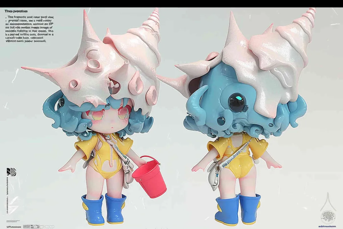Three views , namely the front view ,  side view and ,back view，and full body,  an IP image of a scenic spot girl chasing the sea, front view ，wearing a conch shaped hat，wearing a yellow swimsuit set, blue rain boots, and a red bucket in hand，Q-version art style, three view view view, front, side, white background, natural light, blind box style chibi, handmade, bubble matte, IP design, Q-version, best quality, 3D model, c4d, OC rendering, etc.,  – AI绘画作品展示 | Midjourney中文版生成