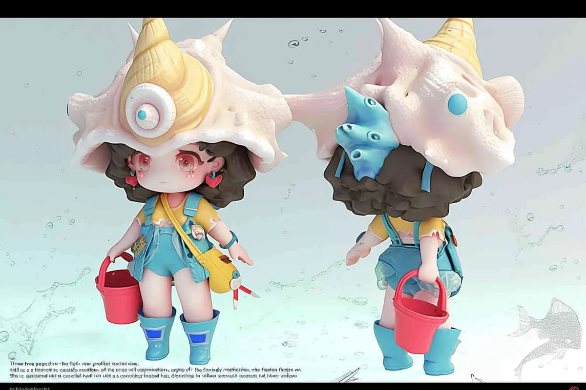 Three views , namely the front view ,  side view and ,back view，and full body,  an IP image of a scenic spot girl chasing the sea, front view ，wearing a conch shaped hat，wearing a yellow swimsuit set, blue rain boots, and a red bucket in hand，Q-version art style, three view view view, front, side, white background, natural light, blind box style chibi, handmade, bubble matte, IP design, Q-version, best quality, 3D model, c4d, OC rendering, etc.,  - style2部分
