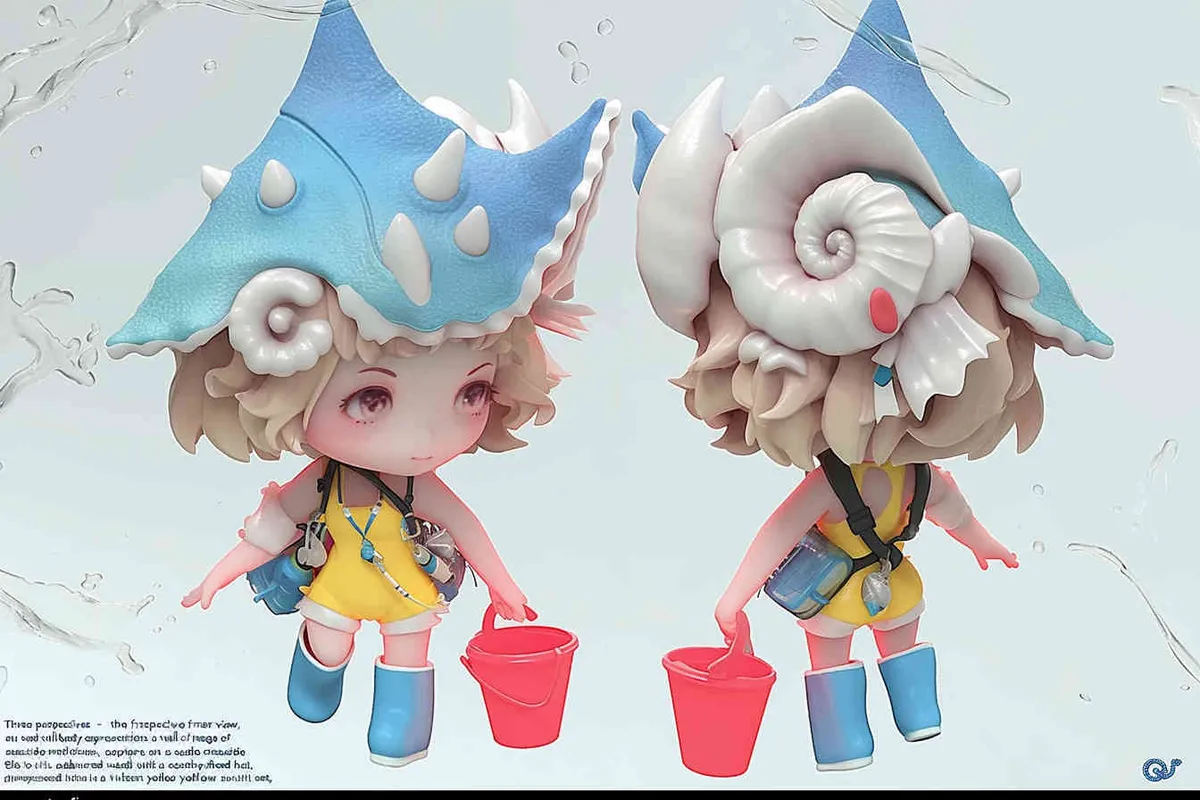 Three views , namely the front view ,  side view and ,back view，and full body,  an IP image of a scenic spot girl chasing the sea, front view ，wearing a conch shaped hat，wearing a yellow swimsuit set, blue rain boots, and a red bucket in hand，Q-version art style, three view view view, front, side, white background, natural light, blind box style chibi, handmade, bubble matte, IP design, Q-version, best quality, 3D model, c4d, OC rendering, etc.,  - style3部分