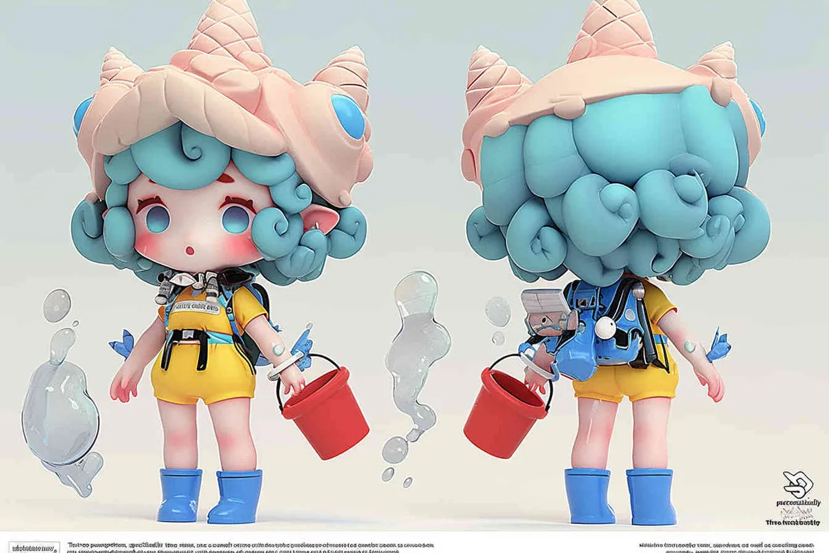 Three views , namely the front view ,  side view and ,back view，and full body,  an IP image of a scenic spot girl chasing the sea, front view ，wearing a conch shaped hat，wearing a yellow swimsuit set, blue rain boots, and a red bucket in hand，Q-version art style, three view view view, front, side, white background, natural light, blind box style chibi, handmade, bubble matte, IP design, Q-version, best quality, 3D model, c4d, OC rendering, etc.,  - style1部分