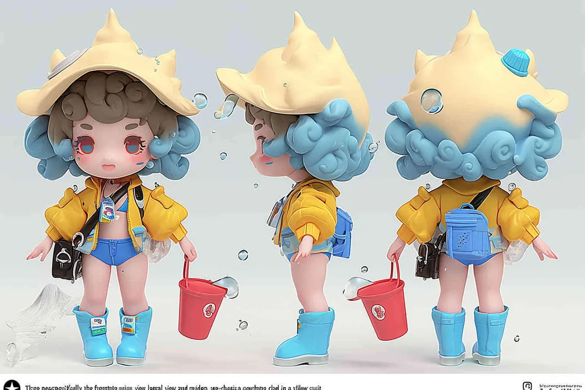 Three views , namely the front view ,  side view and ,back view，and full body,  an IP image of a scenic spot girl chasing the sea, front view ，wearing a conch shaped hat，wearing a yellow swimsuit set, blue rain boots, and a red bucket in hand，Q-version art style, three view view view, front, side, white background, natural light, blind box style chibi, handmade, bubble matte, IP design, Q-version, best quality, 3D model, c4d, OC rendering, etc.,  - style2部分