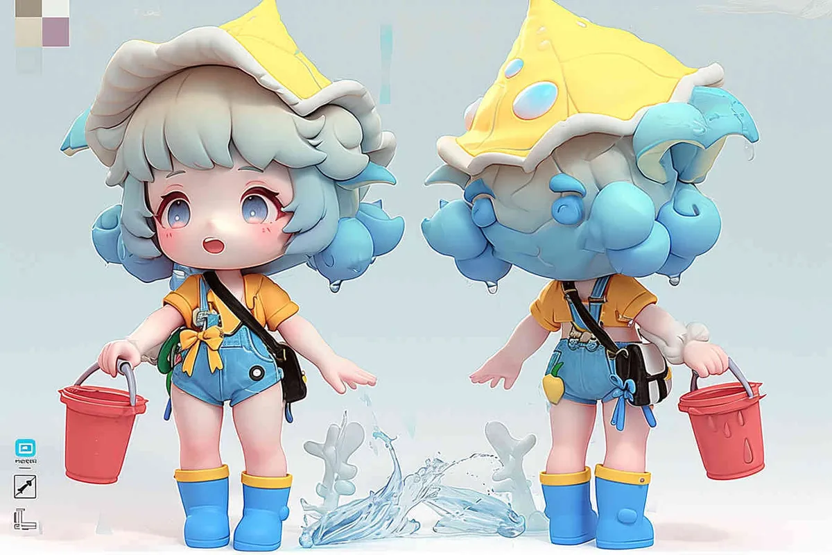 Three views , namely the front view ,  side view and ,back view，and full body,  an IP image of a scenic spot girl chasing the sea, front view ，wearing a conch shaped hat，wearing a yellow swimsuit set, blue rain boots, and a red bucket in hand，Q-version art style, three view view view, front, side, white background, natural light, blind box style chibi, handmade, bubble matte, IP design, Q-version, best quality, 3D model, c4d, OC rendering, etc.,  - style3部分