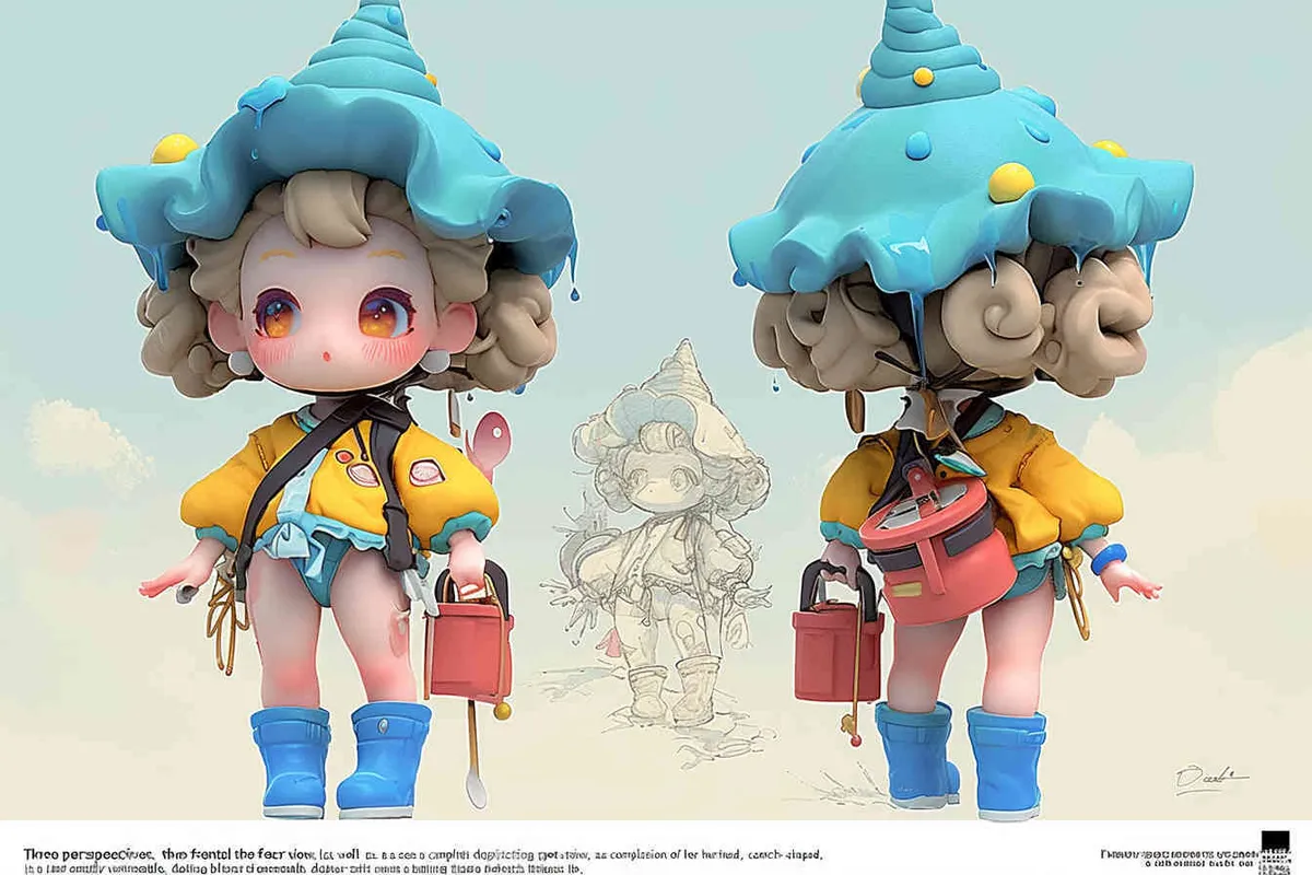 Three views , namely the front view ,  side view and ,back view，and full body,  an IP image of a scenic spot girl chasing the sea, front view ，wearing a conch shaped hat，wearing a yellow swimsuit set, blue rain boots, and a red bucket in hand，Q-version art style, three view view view, front, side, white background, natural light, blind box style chibi, handmade, bubble matte, IP design, Q-version, best quality, 3D model, c4d, OC rendering, etc.,  - style4部分