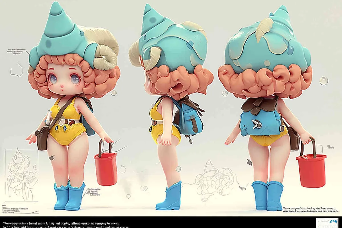 Three views , namely the front view ,  side view and ,back view，and full body,  an IP image of a scenic spot girl chasing the sea, front view ，wearing a conch shaped hat，wearing a yellow swimsuit set, blue rain boots, and a red bucket in hand，Q-version art style, three view view view, front, side, white background, natural light, blind box style chibi, handmade, bubble matte, IP design, Q-version, best quality, 3D model, c4d, OC rendering, etc.,  – AI绘画作品展示 | Midjourney中文版生成