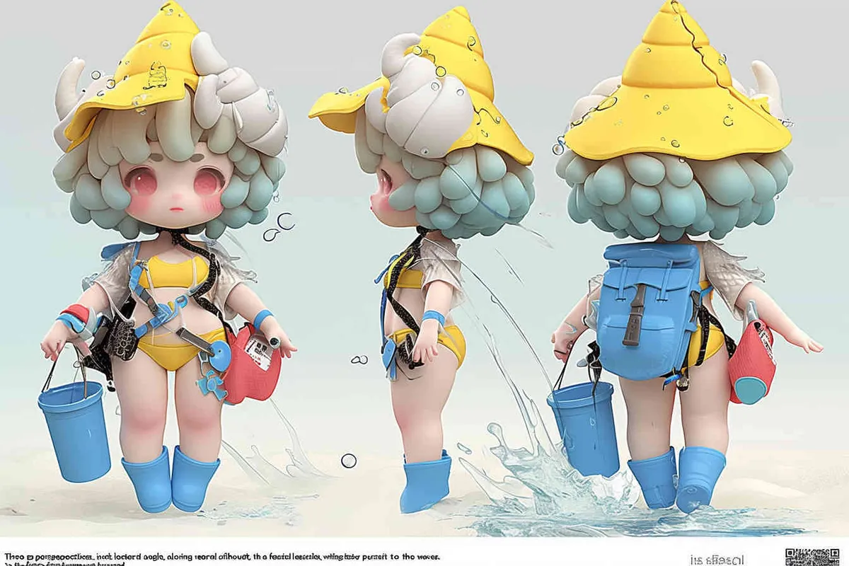 Three views , namely the front view ,  side view and ,back view，and full body,  an IP image of a scenic spot girl chasing the sea, front view ，wearing a conch shaped hat，wearing a yellow swimsuit set, blue rain boots, and a red bucket in hand，Q-version art style, three view view view, front, side, white background, natural light, blind box style chibi, handmade, bubble matte, IP design, Q-version, best quality, 3D model, c4d, OC rendering, etc.,  - style2部分