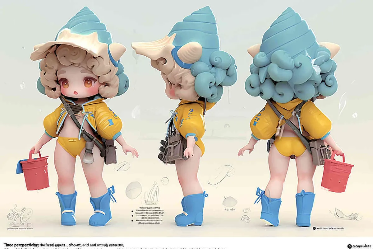 Three views , namely the front view ,  side view and ,back view，and full body,  an IP image of a scenic spot girl chasing the sea, front view ，wearing a conch shaped hat，wearing a yellow swimsuit set, blue rain boots, and a red bucket in hand，Q-version art style, three view view view, front, side, white background, natural light, blind box style chibi, handmade, bubble matte, IP design, Q-version, best quality, 3D model, c4d, OC rendering, etc.,  - style3部分