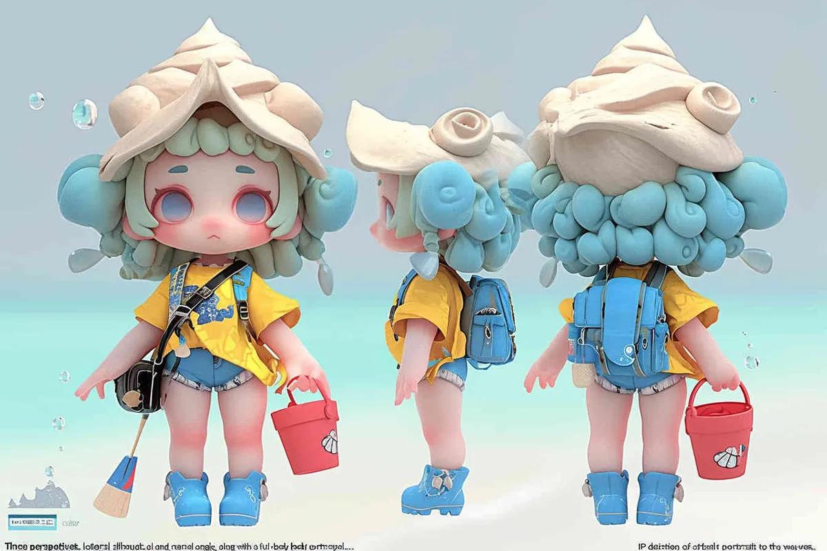 Three views , namely the front view ,  side view and ,back view，and full body,  an IP image of a scenic spot girl chasing the sea, front view ，wearing a conch shaped hat，wearing a yellow swimsuit set, blue rain boots, and a red bucket in hand，Q-version art style, three view view view, front, side, white background, natural light, blind box style chibi, handmade, bubble matte, IP design, Q-version, best quality, 3D model, c4d, OC rendering, etc.,  - style4部分
