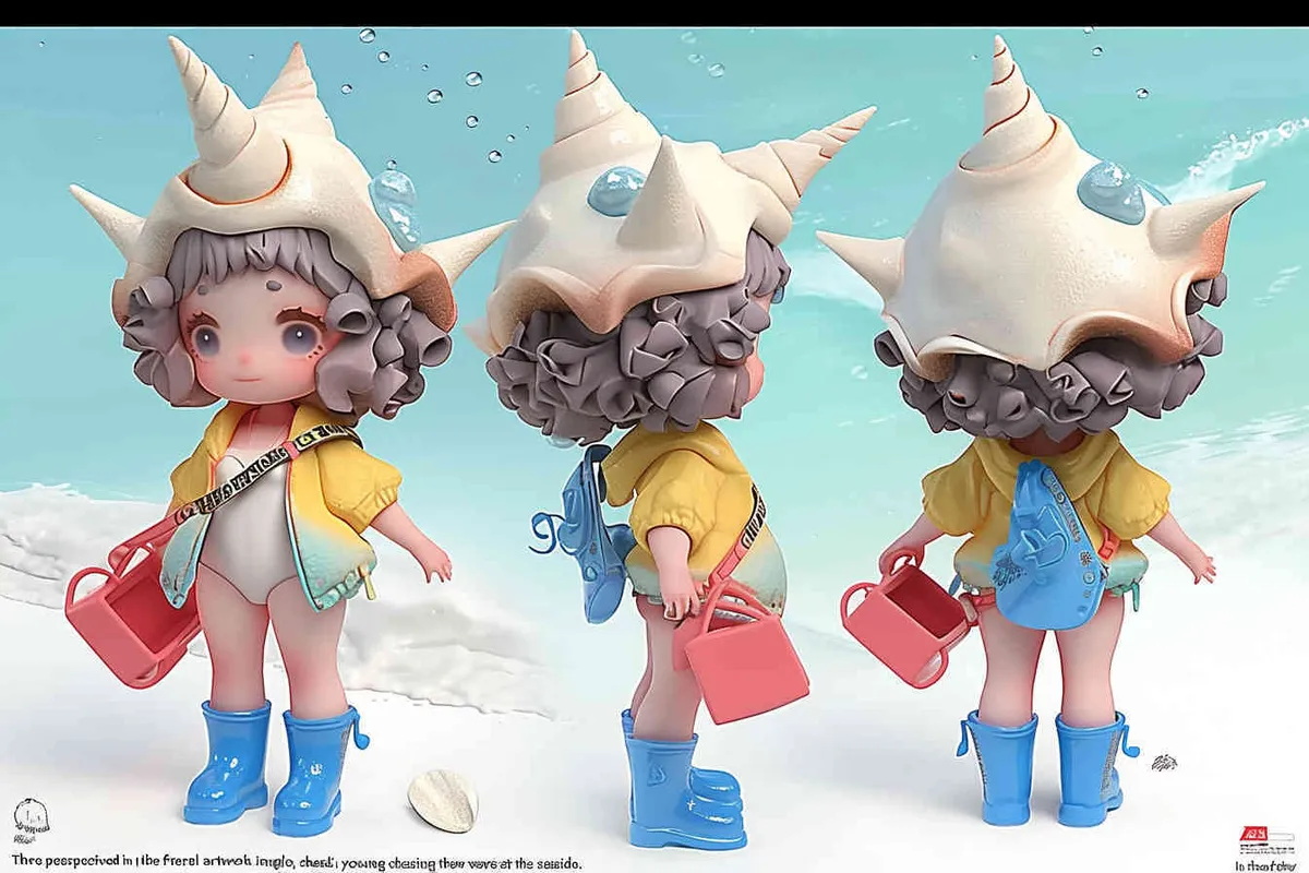 Three views , namely the front view ,  side view and ,back view，and full body,  an IP image of a scenic spot girl chasing the sea, front view ，wearing a conch shaped hat，wearing a yellow swimsuit set, blue rain boots, and a red bucket in hand，Q-version art style, three view view view, front, side, white background, natural light, blind box style chibi, handmade, bubble matte, IP design, Q-version, best quality, 3D model, c4d, OC rendering, etc.,  - style1部分