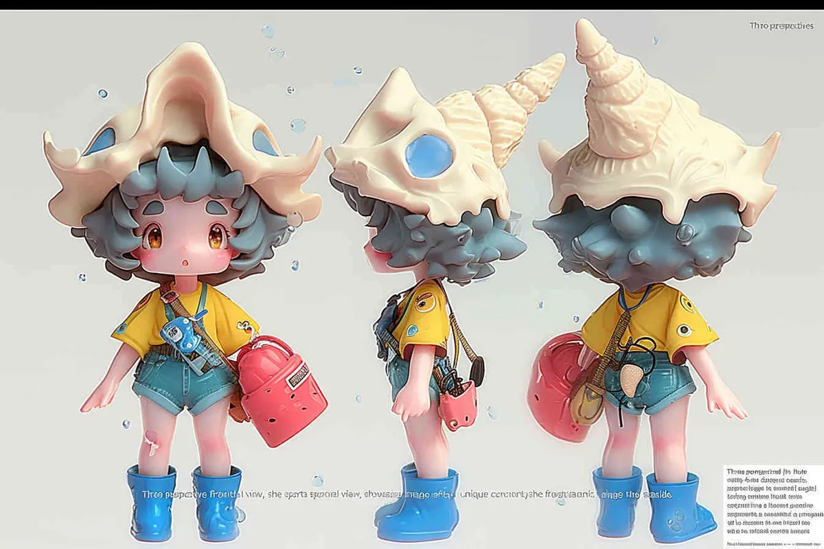 Three views , namely the front view ,  side view and ,back view，and full body,  an IP image of a scenic spot girl chasing the sea, front view ，wearing a conch shaped hat，wearing a yellow swimsuit set, blue rain boots, and a red bucket in hand，Q-version art style, three view view view, front, side, white background, natural light, blind box style chibi, handmade, bubble matte, IP design, Q-version, best quality, 3D model, c4d, OC rendering, etc.,  - style2部分