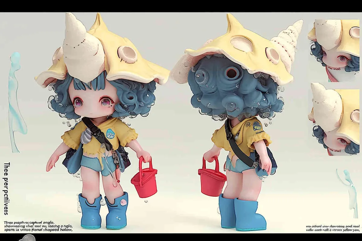 Three views , namely the front view ,  side view and ,back view，and full body,  an IP image of a scenic spot girl chasing the sea, front view ，wearing a conch shaped hat，wearing a yellow swimsuit set, blue rain boots, and a red bucket in hand，Q-version art style, three view view view, front, side, white background, natural light, blind box style chibi, handmade, bubble matte, IP design, Q-version, best quality, 3D model, c4d, OC rendering, etc.,  - style4部分
