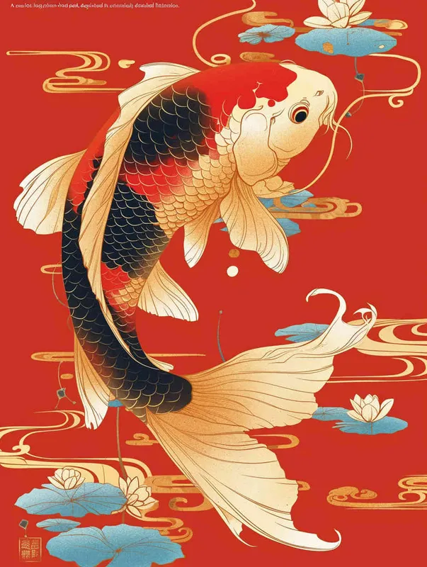 A red koi, with a red background, flat illustration, flat style, meticulous painting - style2部分