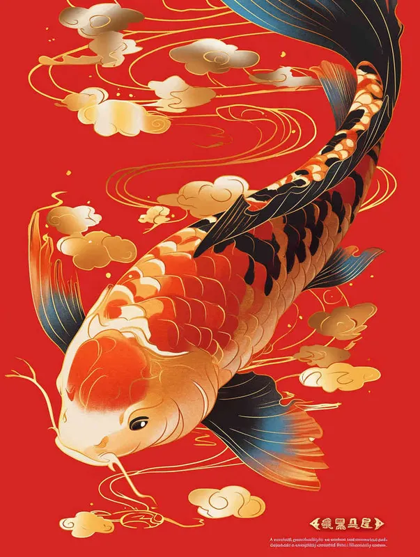 A red koi, with a red background, flat illustration, flat style, meticulous painting - style3部分