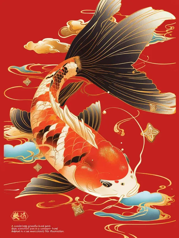 A red koi, with a red background, flat illustration, flat style, meticulous painting - style4部分