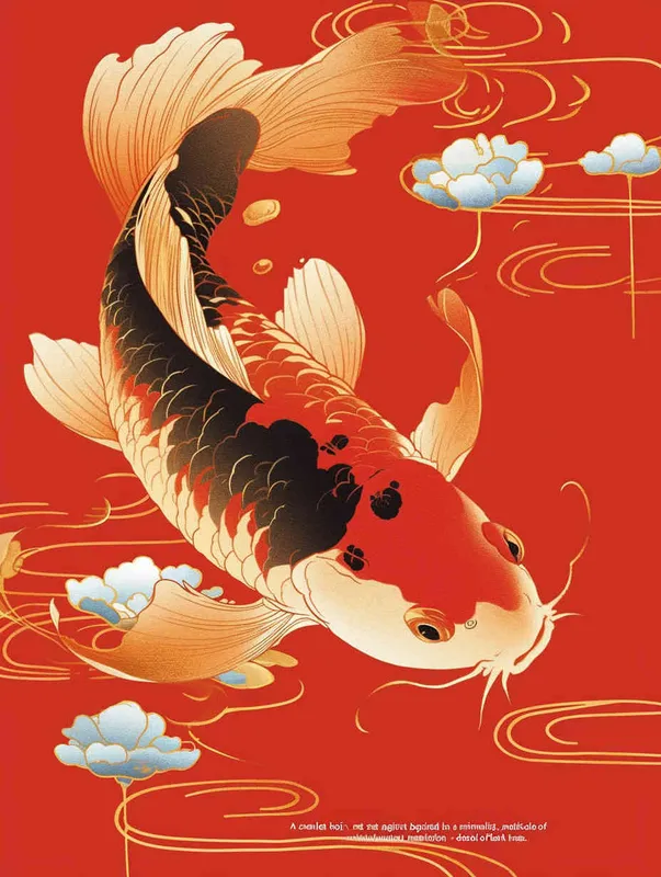 A red koi, with a red background, flat illustration, flat style, meticulous painting，— no black  - style1部分