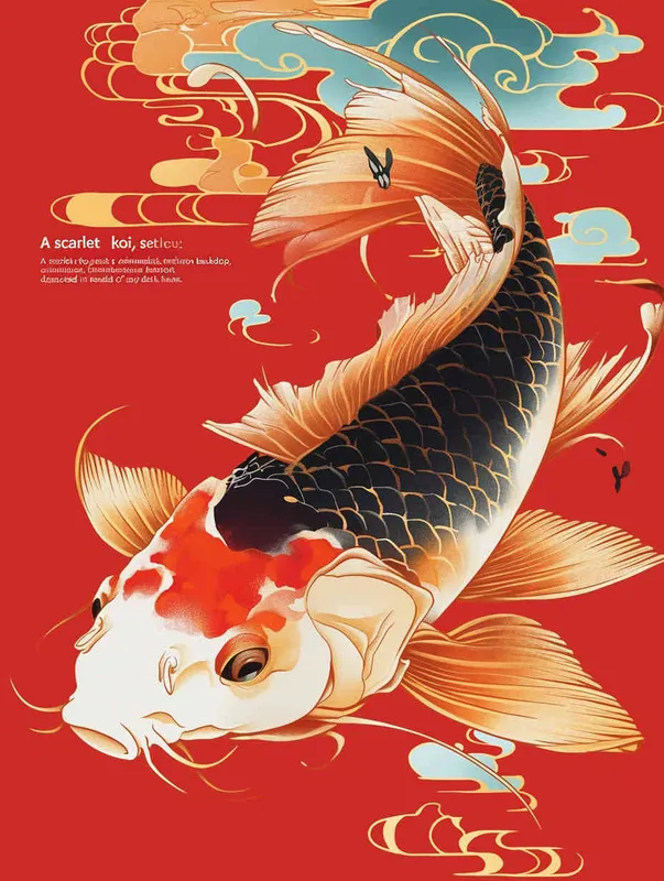 A red koi, with a red background, flat illustration, flat style, meticulous painting，— no black  - style3部分