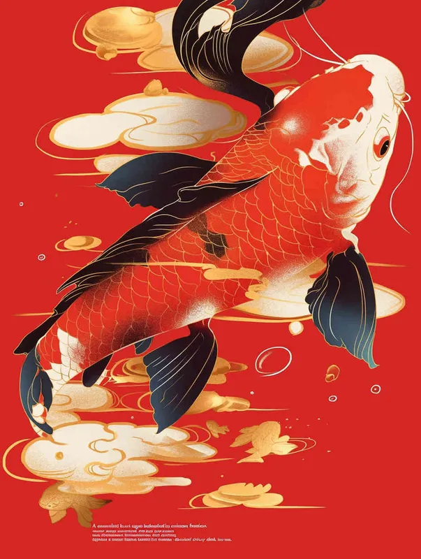 A red koi, with a red background, flat illustration, flat style, meticulous painting，— no black  - style4部分