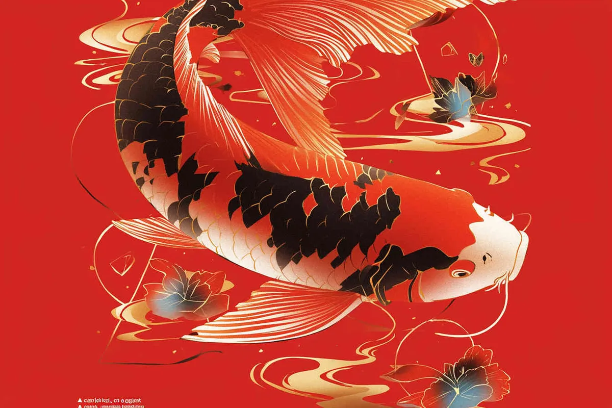 A red koi, with a red background, flat illustration, flat style, meticulous painting, --no black - style1部分
