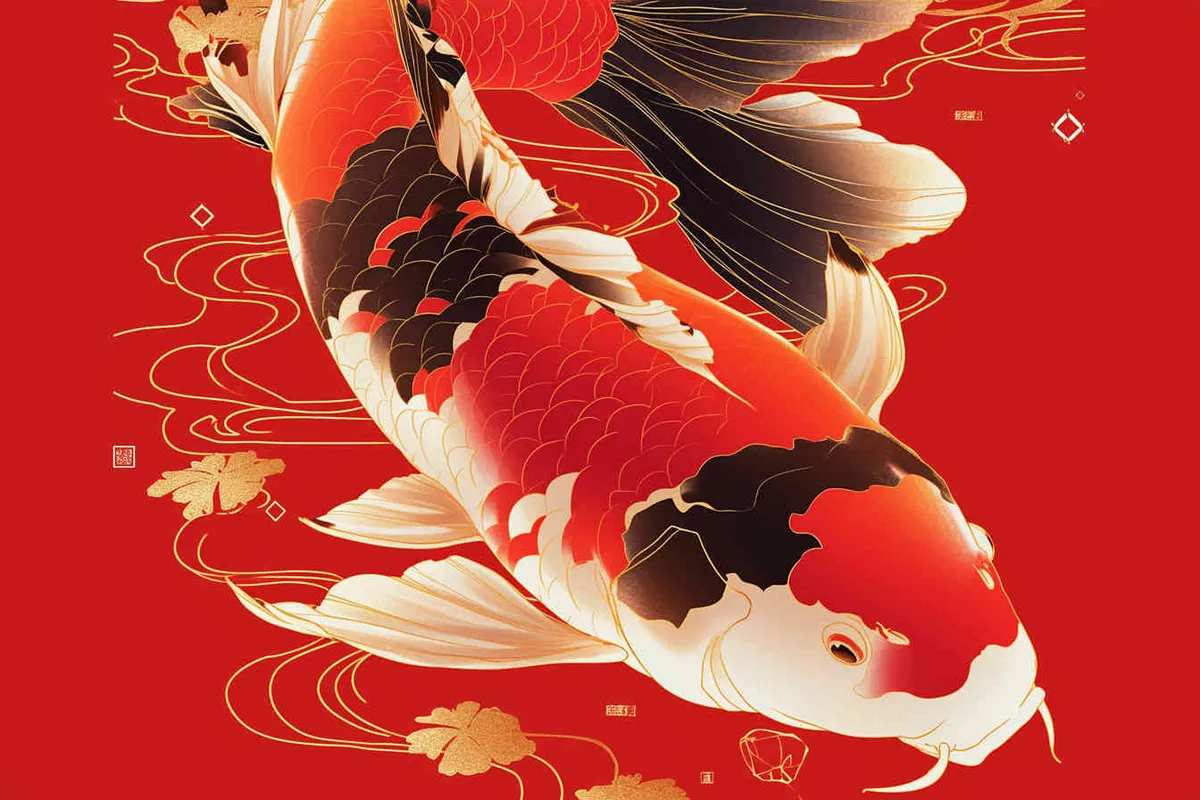 A red koi, with a red background, flat illustration, flat style, meticulous painting, --no black - style2部分