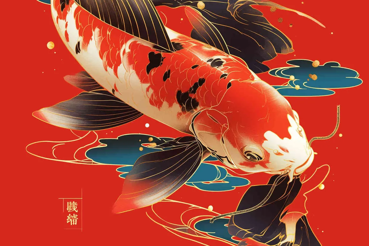 A red koi, with a red background, flat illustration, flat style, meticulous painting, --no black - style4部分