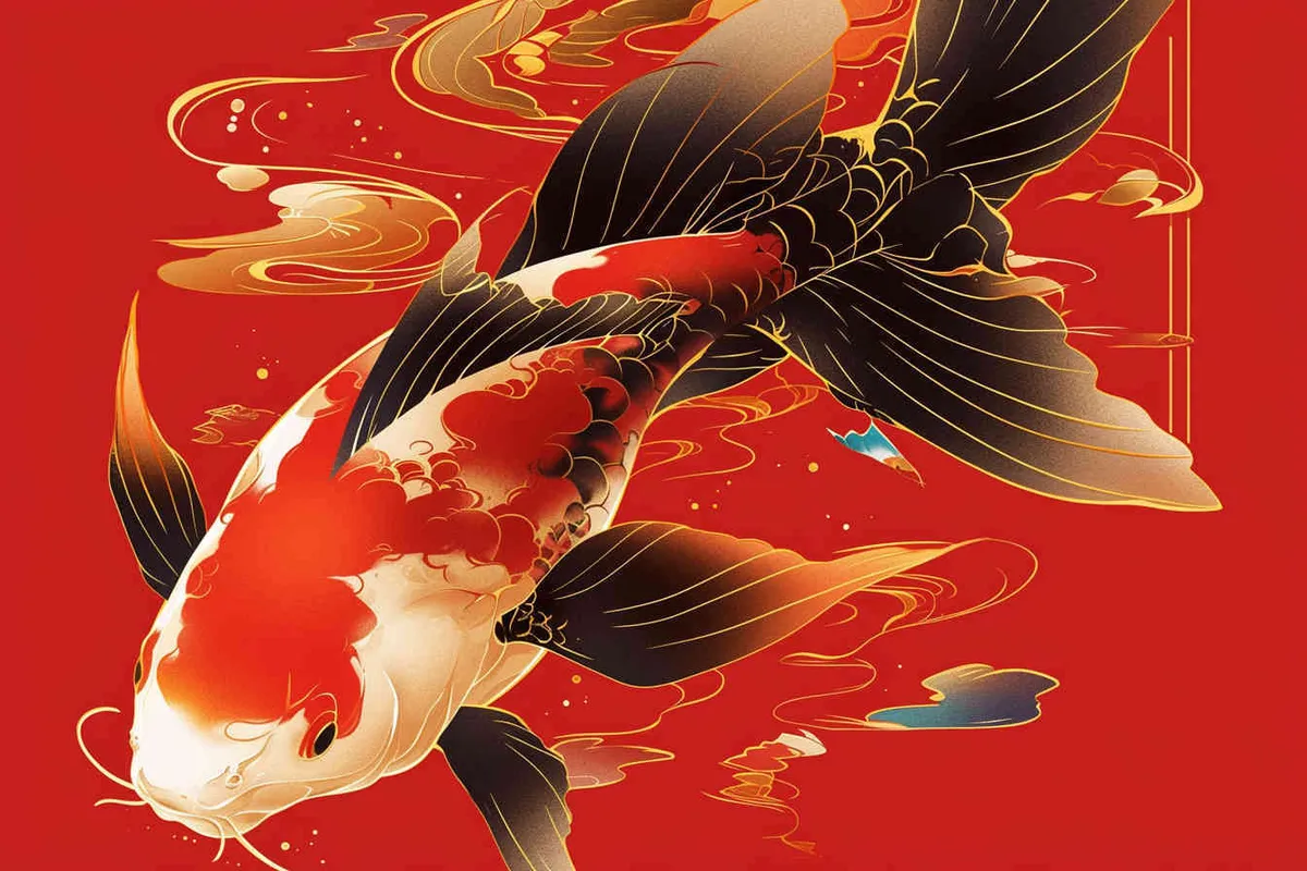 A red koi, with a red background, flat illustration, flat style, meticulous painting, --no black - style2部分