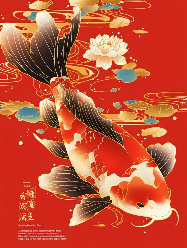 A red koi, with a red background, flat illustration, flat style, meticulous painting, do not appear black in the screen
 - style2部分