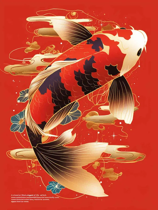 A red koi, with a red background, flat illustration, flat style, meticulous painting, do not appear black in the screen
 - style4部分