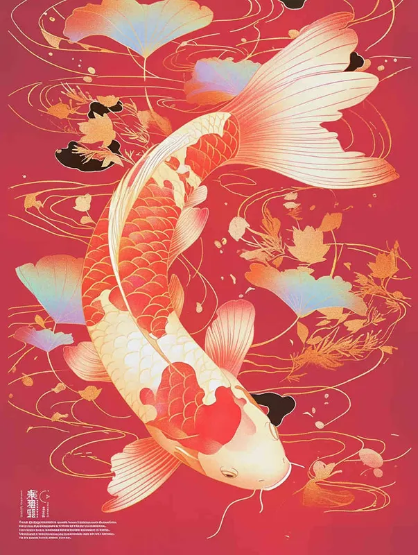 A red koi, with a red background, flat illustration, flat style, meticulous painting, do not appear black in the picture [ seed值: 
 - style4部分