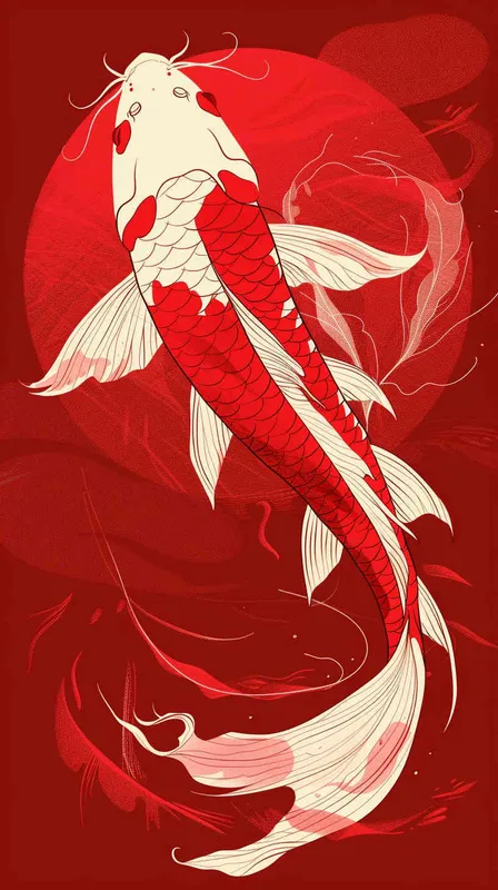 A red koi, with a red background, flat illustration, flat style, meticulous painting - style4部分