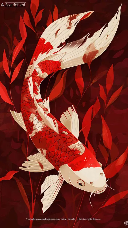 A red koi, with a red background, flat illustration, flat style, meticulous painting - style4部分