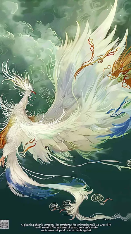 A silver phoenix spreads its wings and flies high, with its tail trailing and white auspicious clouds surrounding it. The background is light green, and it is meticulously painted - style2部分