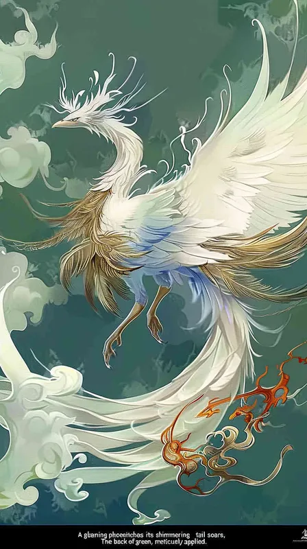 A silver phoenix spreads its wings and flies high, with its tail trailing and white auspicious clouds surrounding it. The background is light green, and it is meticulously painted - style3部分