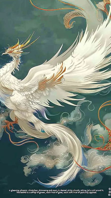 A silver phoenix spreads its wings and flies high, with its tail trailing and white auspicious clouds surrounding it. The background is light green, and it is meticulously painted - style4部分