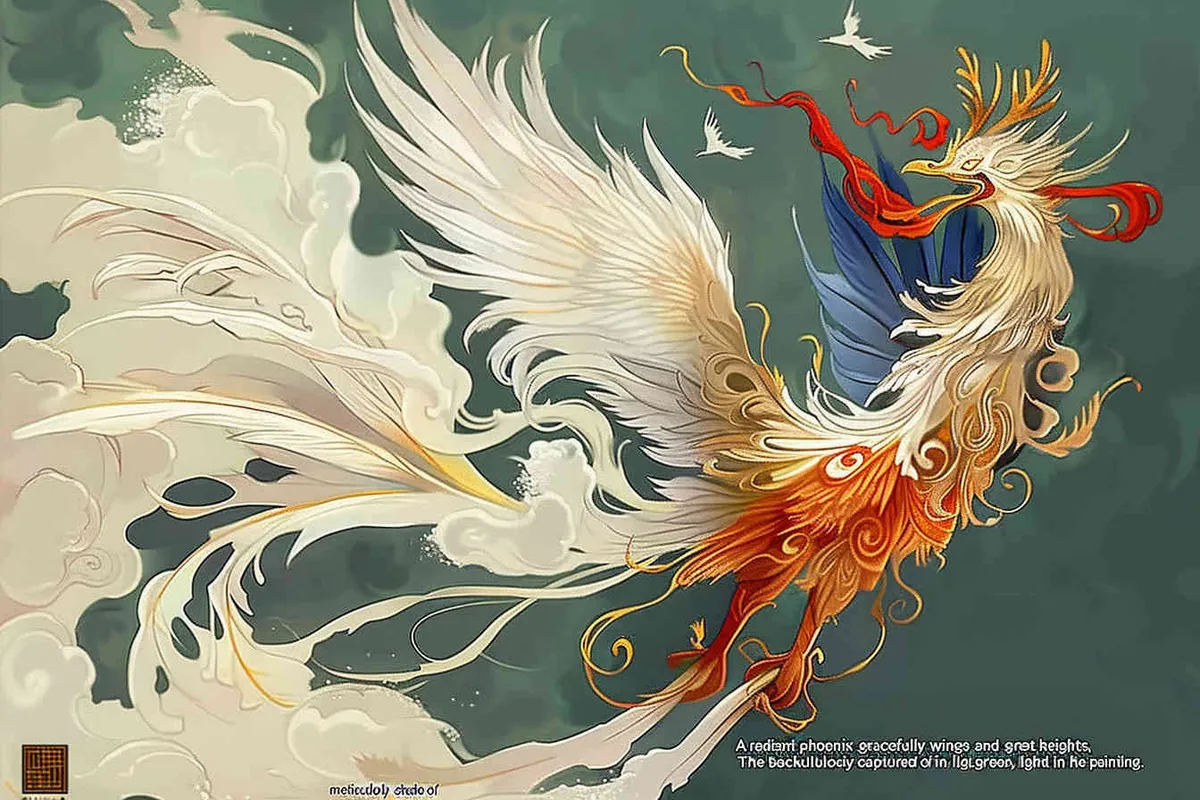 A silver phoenix spreads its wings and flies high, with its tail trailing and white auspicious clouds surrounding it. The background is light green, and it is meticulously painted - style1部分