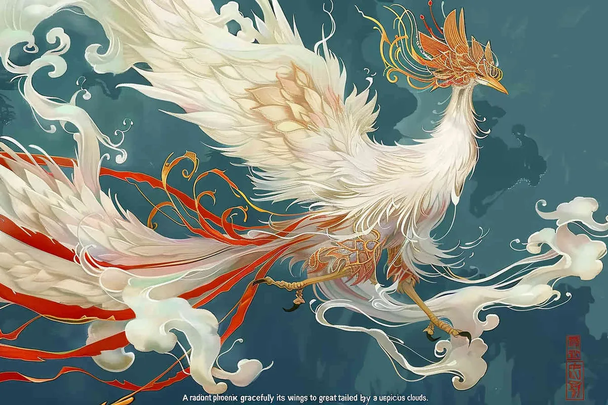 A silver phoenix spreads its wings and flies high, with its tail trailing and white auspicious clouds surrounding it. The background is light green, and it is meticulously painted - style3部分