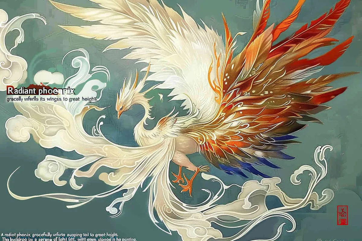 A silver phoenix spreads its wings and flies high, with its tail trailing and white auspicious clouds surrounding it. The background is light green, and it is meticulously painted - style4部分