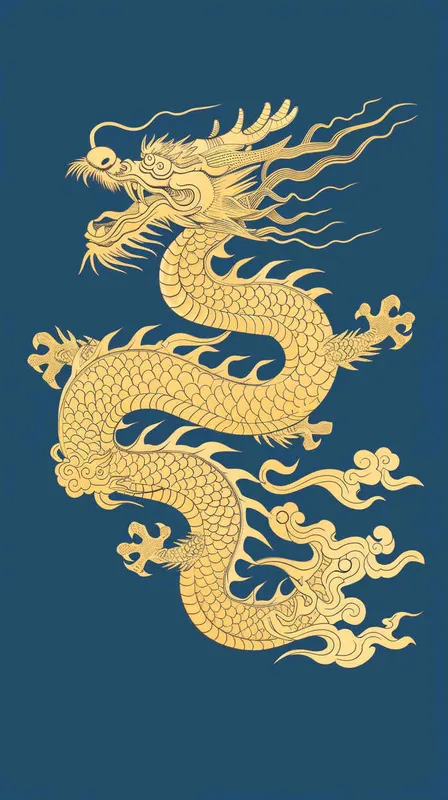 金色的中国龙，纯蓝色的背景，扁平插画，不要立体感，不要体积 - style1部分