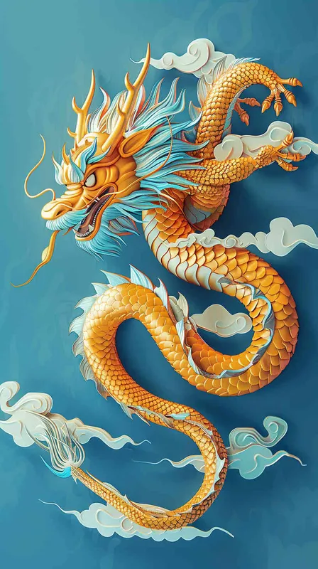 金色的中国龙，纯蓝色的背景，扁平插画，不要立体感，不要体积 - style3部分