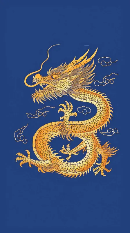 金色的中国龙，纯蓝色的背景，扁平插画，不要立体感，不要体积 - style4部分